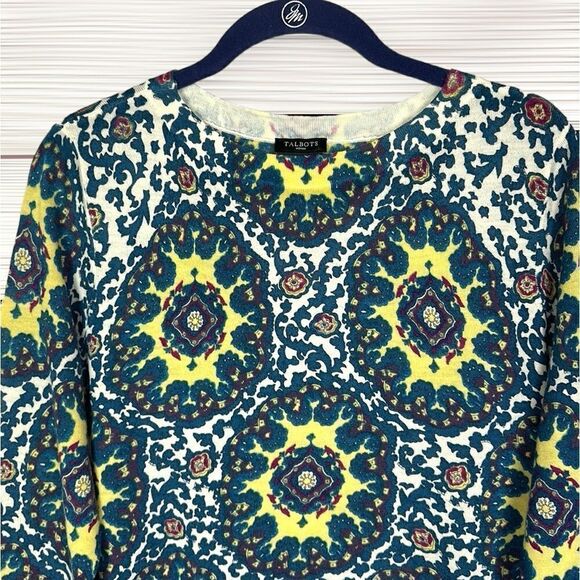 Talbots Merino Wool Lightweight Sweater Aqua Blue Yellow 3/4 Sleeve size X - Picture 5 of 10